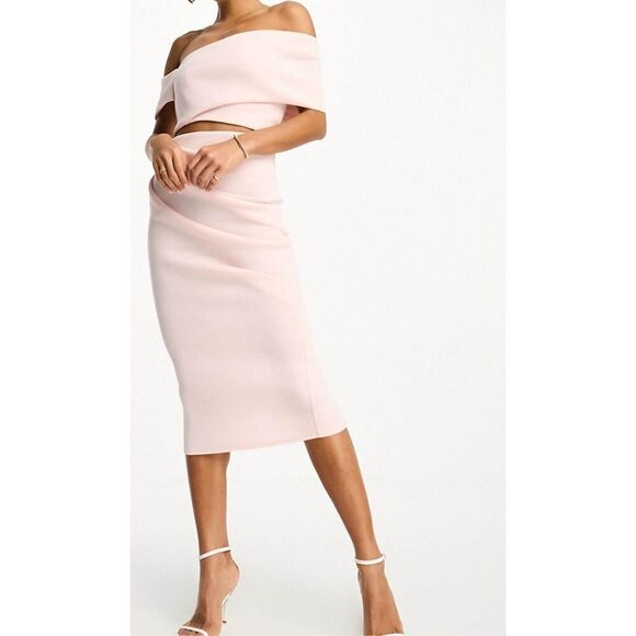NWT ASOS DESIGN Off Shoulder Cutout Midi Dress with Asymmetric Hem in Rosewater - Picture 1 of 15